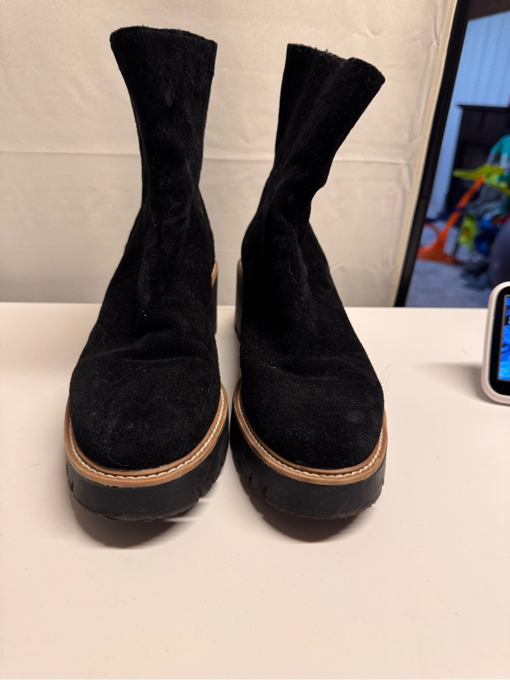 Black Suede Platform Chelsea Boots - Women